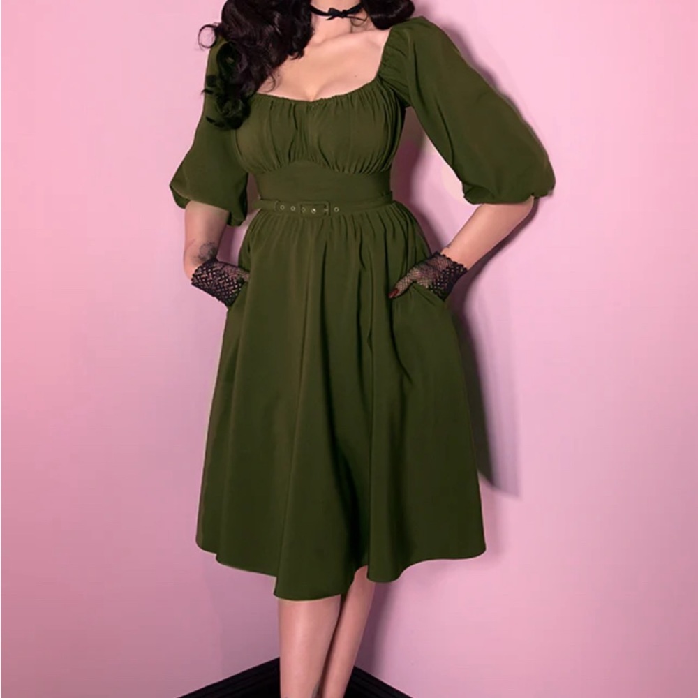 Vixen by Micheline Pitt Vacation Dress in Olive Green XS